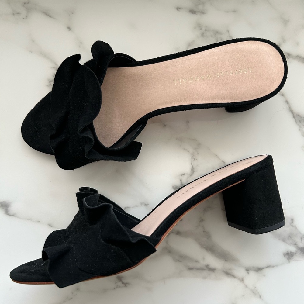 EXC Loeffler Randall Black Suede Vera Ruffle Mules Slides Sandals 7.5